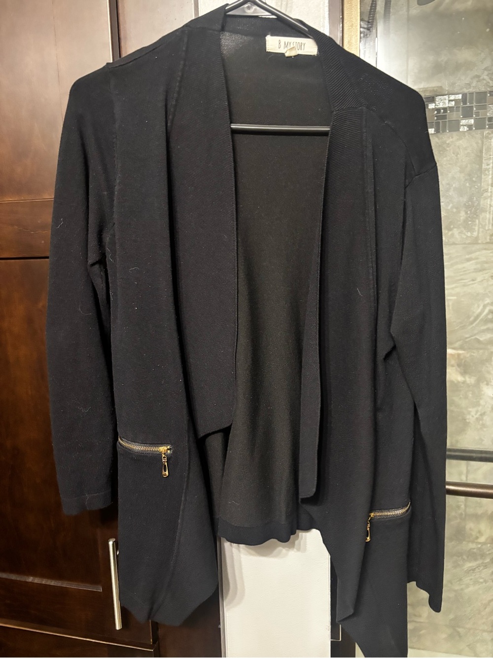 My Story Black Open-Front Draped Cardigan with Gold-Zip Pockets